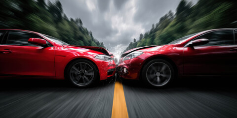 Naklejka premium A dramatic image showing the impact of a head-on collision between two red cars speeding on a highway, resulting in damaged vehicles.