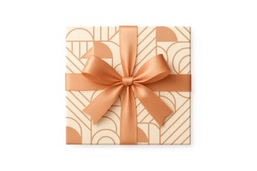 Square gift box wrapped with peach satin ribbon