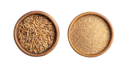 Two oval wooden bowls filled with different types of rice isolated on transparent background