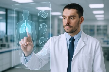 Medical Professional Interacting with Holographic Interface Displaying Human Anatomy for Diagnosis and Treatment Planning