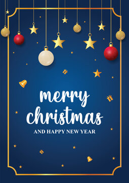 Christmas Greeting Card Design with Pine Branches and Hanging Baubles on Dark Background