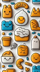 A collection of cartoon food icons, including an egg, bread, and other items, arranged on a white background.