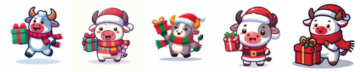 cute christmas dressed bufallo character vector