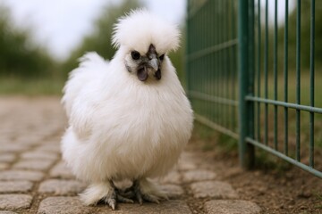 Fluffy White Silkie Chicken Portrait Outdoors, Unique Poultry Breed with Soft Feathers and Black Skin