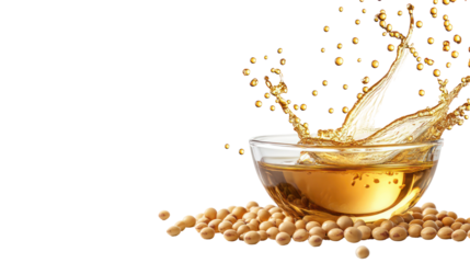 Golden soy oil splashing from a glass bowl surrounded by soybeans isolated on transparent background