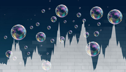 Financial Bubbles: A visual depiction of market volatility with iridescent bubbles floating over a graphical representation of the stock market, capturing the essence of economic uncertainty.