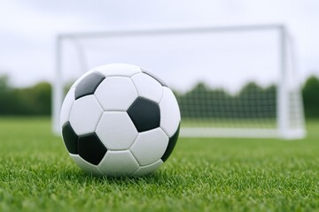 Obraz premium Close-up of a Classic Black and White Soccer Ball on Lush Green Field