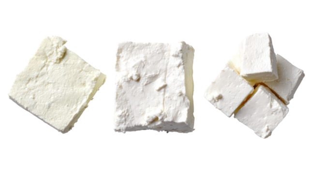Three blocks of white cheese isolated on transparent background