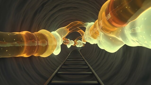 Abstract view of a dark tunnel with a track and flowing, glowing, translucent energy streams on either side, creating a sense of motion and depth.