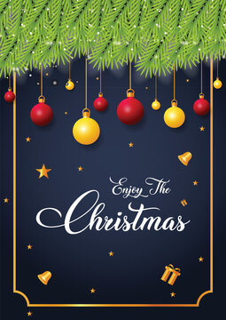 Christmas Greeting Card with Hanging Ornaments on Blue Background