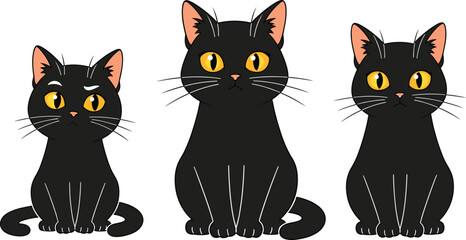 Vector Illustration Set of Three Black Cat Characters with Expressive Yellow Eyes, Portraying Different Moods and Sizes, Ideal for Halloween, Pet, and Mystery Themes