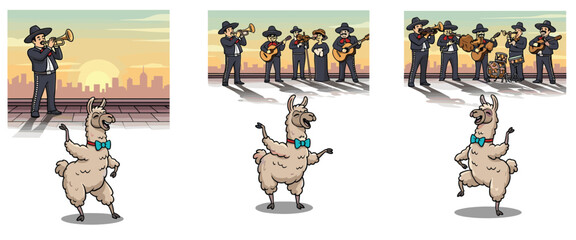 Naklejka premium Cute dancing llama with bow tie and lively mariachi band performing music outdoors at sunset, fun festive illustration scene