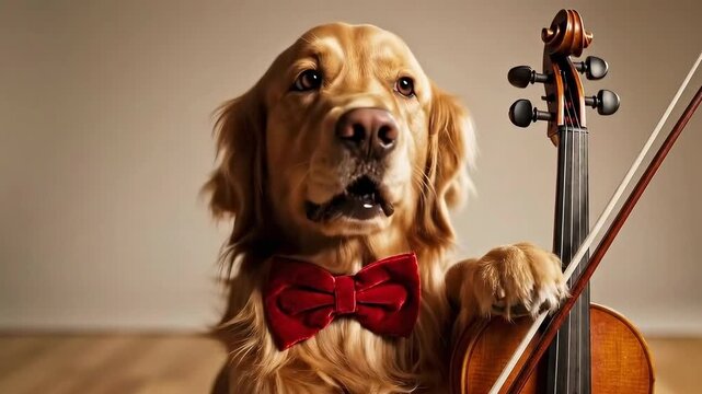 Cute golden retriever dog wearing a red bow tie holding a violin and bow for a humorous pet talent concept and animal education