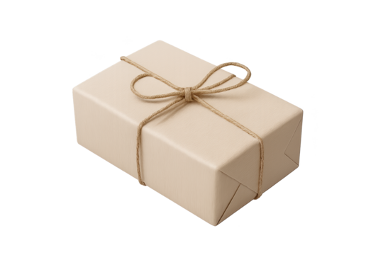 Beige gift box wrapped with natural twine bow