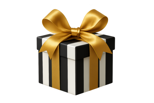Black and white striped gift box with gold ribbon bow