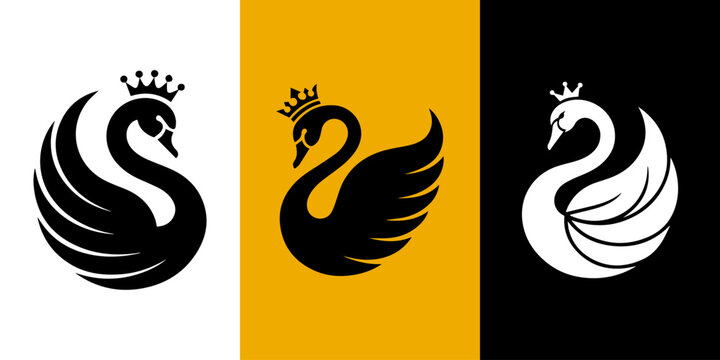 Elegant black swan with crown emblematic symbol of royalty and grace on contrasting backgrounds