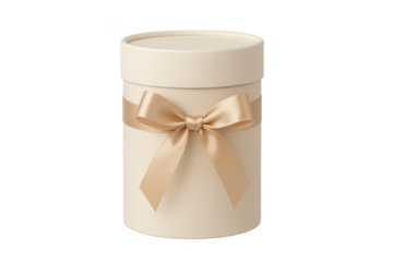 Cream-colored round gift box with satin peach bow