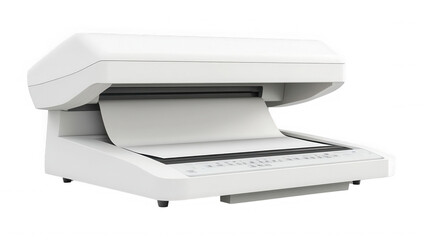 A white document scanner with a sheet of paper inside against  in a studio shot on transparent background