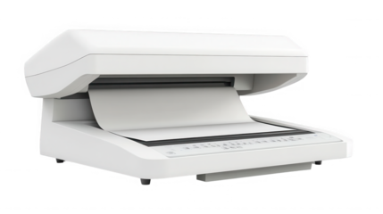 A white document scanner with a sheet of paper inside against  in a studio shot on transparent background