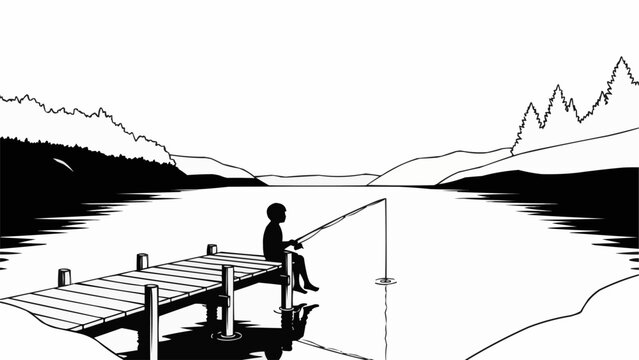 Silhouette of a person fishing from a wooden dock on a calm lake.