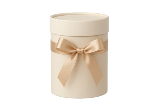 Cream-colored round gift box with satin peach bow