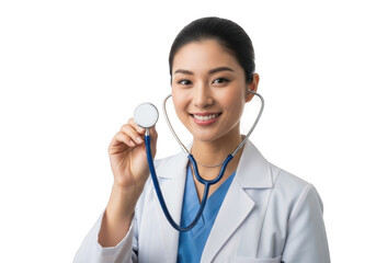 Asian female doctor holding stethoscope isolated on transparent background