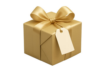 Obraz premium Gold gift box with satin ribbon bow and blank gift tag
