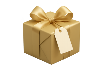 Gold gift box with satin ribbon bow and blank gift tag