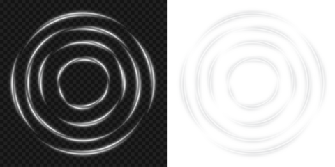 White glowing signal waves or sound wave with ripple motion and dynamic curved lines creating a radiant pulse vortex effect and audio visualization on transparent background