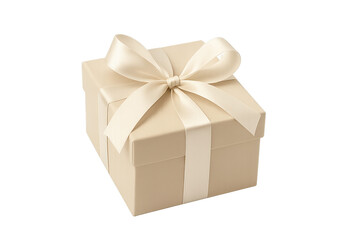 Fototapeta premium Beige gift box with wide cream satin ribbon tied in bow