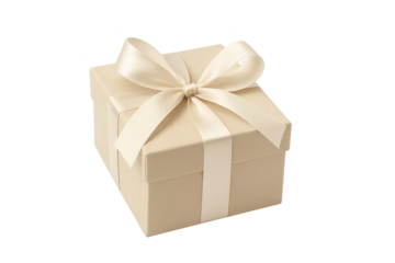 Beige gift box with wide cream satin ribbon tied in bow