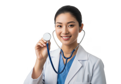 Asian female doctor holding stethoscope isolated on transparent background - Powered by Adobe