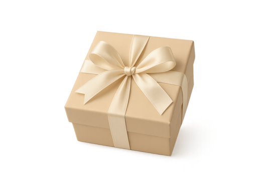 Beige gift box with satin ribbon and large bow, isolated on transparent background