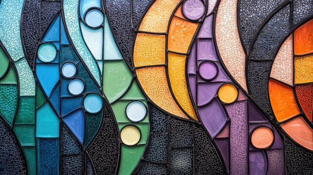 Close-up of a colorful stained glass window with abstract geometric shapes and patterns. The design features various colors and textures.