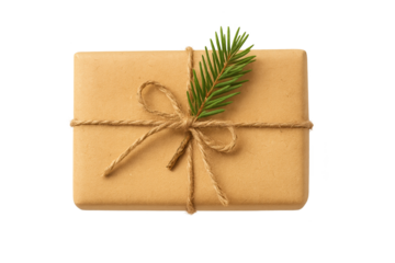 Brown paper gift box tied with twine, adorned with green pine sprig