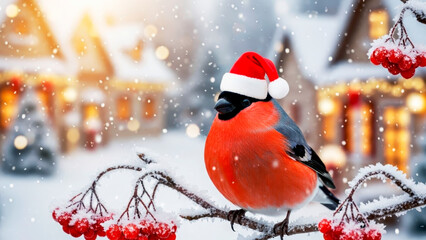 A cute, bright bullfinch in a Santa Claus hat sits on a rowan branch against the backdrop of a village street decorated for Christmas