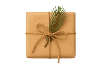 Small brown gift box tied with twine and pine sprig