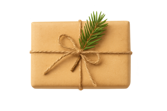 Brown paper gift box tied with twine, adorned with green pine sprig