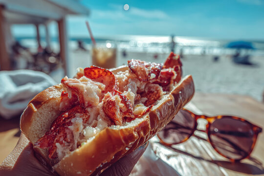 Delicious Lobster Roll Sandwich Held By Hand On Sunny Beach Background With Ocean View Summer Beach Seafood Lobster Roll