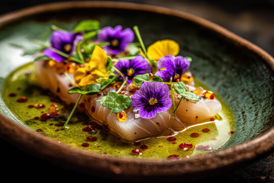 Macro Shot Of Fresh White Fish Ceviche Sashimi Topped With Bright Purple Edible Flowers And Roe Gourmet Sashimi Ceviche Floral Garnish
