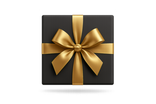 Black gift box wrapped with shiny gold ribbon and bow
