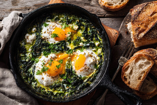 Top View Of Healthy Green Shakshuka With Spinach And Three Fried Eggs In Black Cast Iron Pan Green Shakshuka Eggs Top View