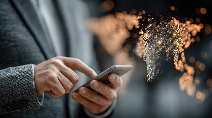 Business Person Using Mobile Phone with Global Network Concept Against Digital Technology Background, Natural Lighting