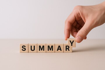 Concept image presenting summary using wooden blocks and a hand, representing business strategies and review