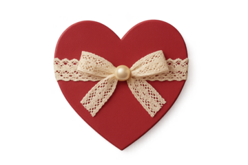 Red heart with cream lace ribbon and centered pearl embellishment