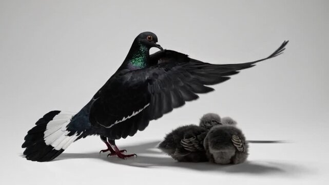 Black pigeon with two chicks