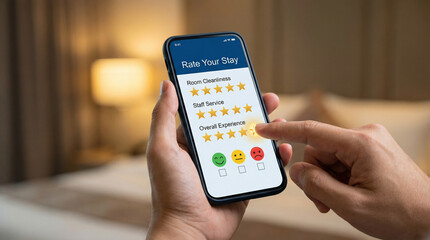 Customer's hand giving a three-star rating for overall hotel experience on a smartphone app, providing negative feedback in a blurred hotel room.