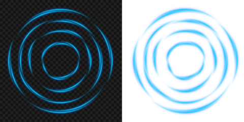Blue glowing signal waves or sound wave with ripple motion and dynamic curved lines creating a radiant pulse vortex effect and audio visualization on transparent background