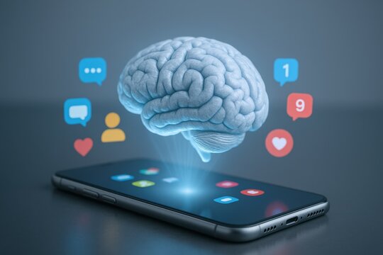 Brain Projected From Smartphone with Social Media Icons, Representing Cognitive Connection and Digital Influence