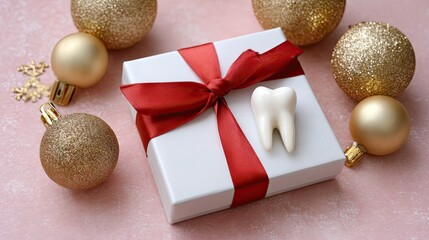 Obraz premium Surprise gift with a tooth decoration and golden ornaments on a pink background, perfect for the holiday season celebrations and festive moments